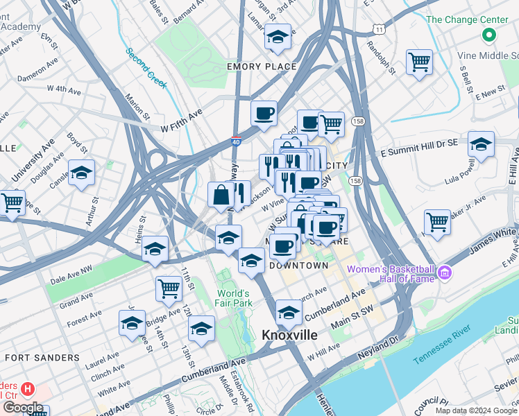 map of restaurants, bars, coffee shops, grocery stores, and more near 415 West Vine Avenue in Knoxville