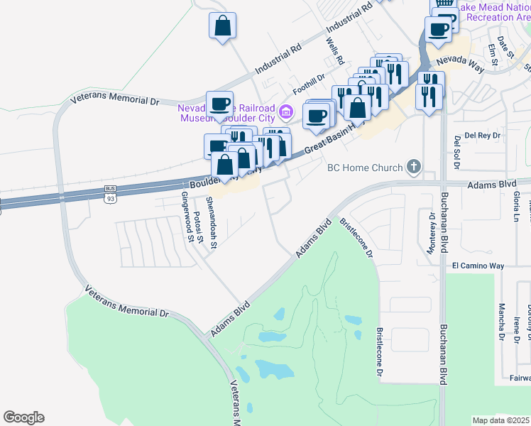 map of restaurants, bars, coffee shops, grocery stores, and more near 1741 Red Mountain Drive in Boulder City