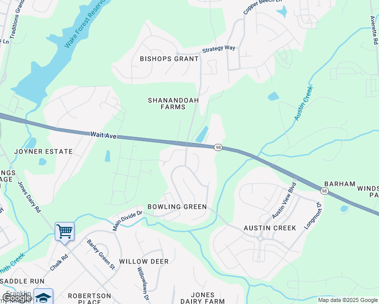 map of restaurants, bars, coffee shops, grocery stores, and more near 100 Dry Gully Court in Wake Forest