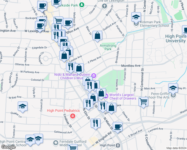 map of restaurants, bars, coffee shops, grocery stores, and more near 209 Montlieu Avenue in High Point