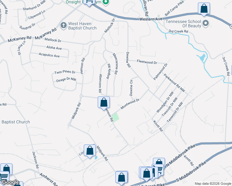 map of restaurants, bars, coffee shops, grocery stores, and more near 4104 Mascarene Road in Knoxville