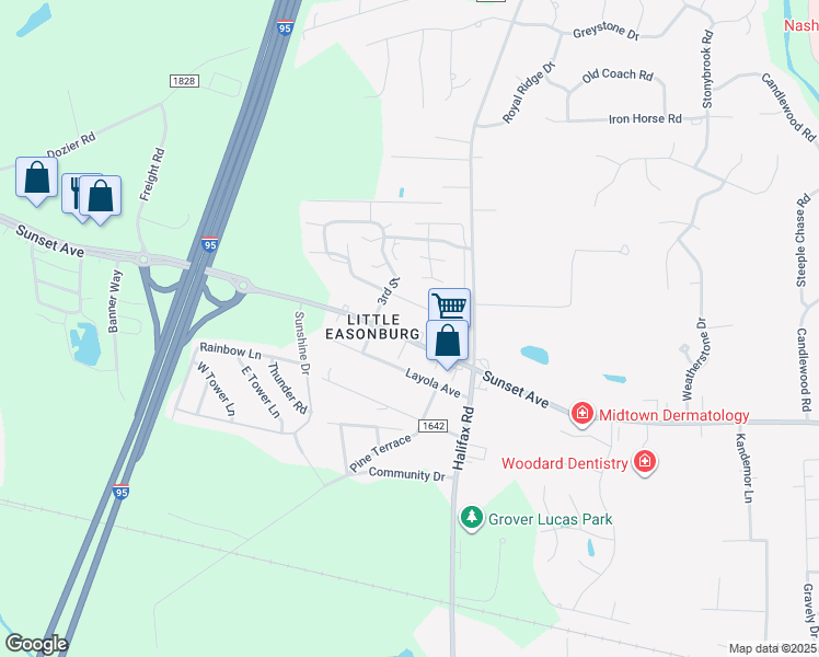 map of restaurants, bars, coffee shops, grocery stores, and more near 4136 Sunset Avenue in Rocky Mount