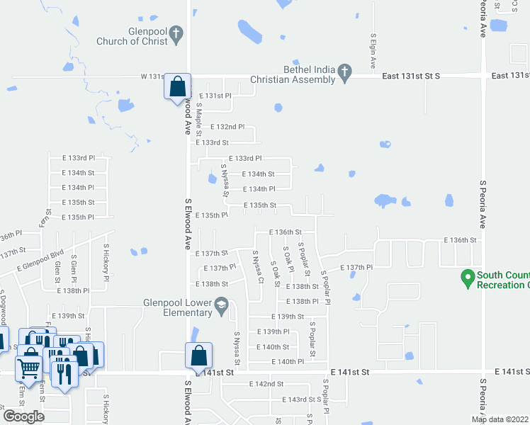 map of restaurants, bars, coffee shops, grocery stores, and more near 13505 South Oak Street in Glenpool