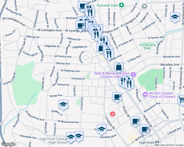 map of restaurants, bars, coffee shops, grocery stores, and more near 405 West Parkway Avenue in High Point