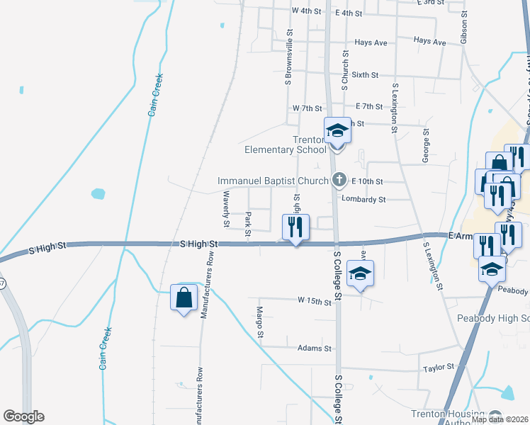 map of restaurants, bars, coffee shops, grocery stores, and more near 1010 Brookwood Street in Trenton