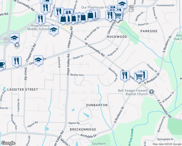map of restaurants, bars, coffee shops, grocery stores, and more near 2624 Bexley Avenue in Durham