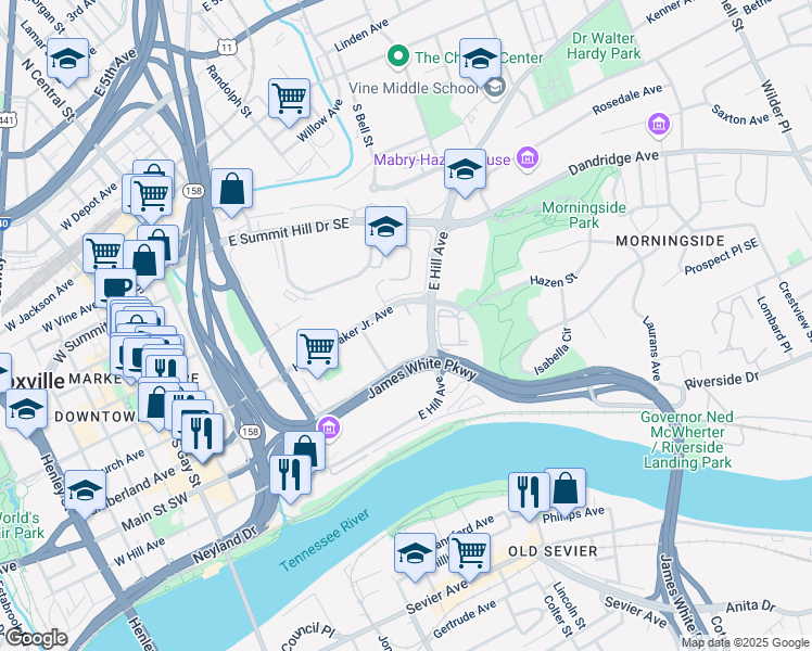 map of restaurants, bars, coffee shops, grocery stores, and more near 800 Howard Baker Jr Ave in Knoxville