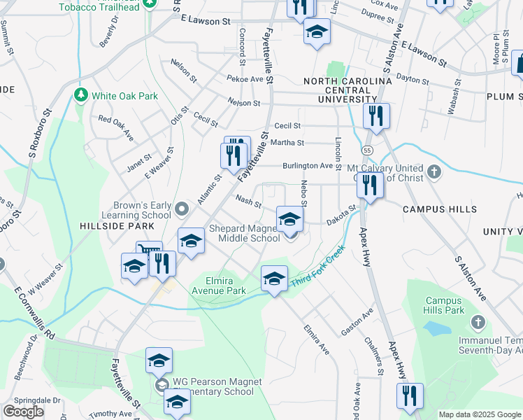 map of restaurants, bars, coffee shops, grocery stores, and more near 602 Nash Street in Durham