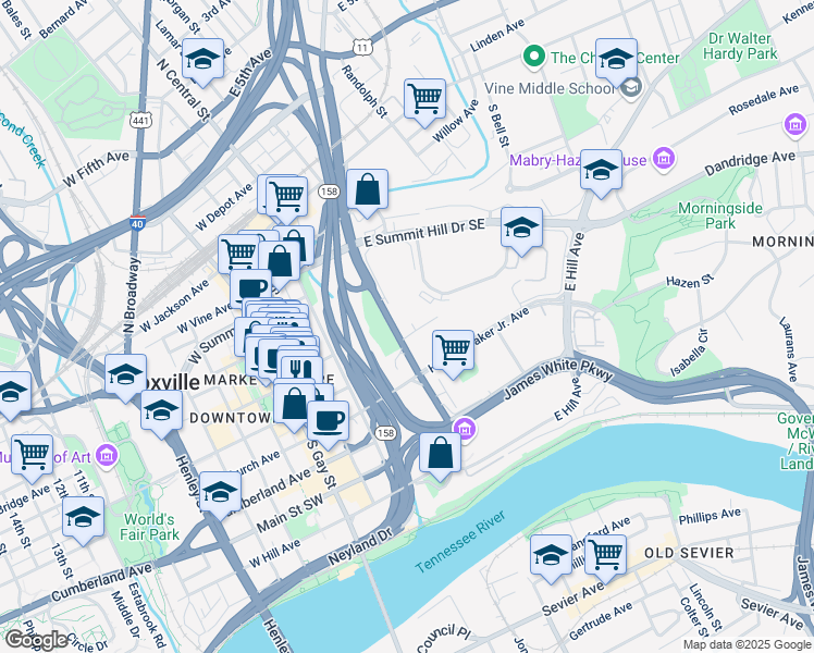 map of restaurants, bars, coffee shops, grocery stores, and more near 466 South Hall of Fame Drive in Knoxville