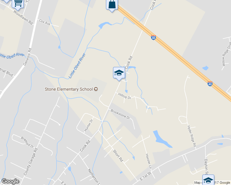map of restaurants, bars, coffee shops, grocery stores, and more near Cook Road in Crossville