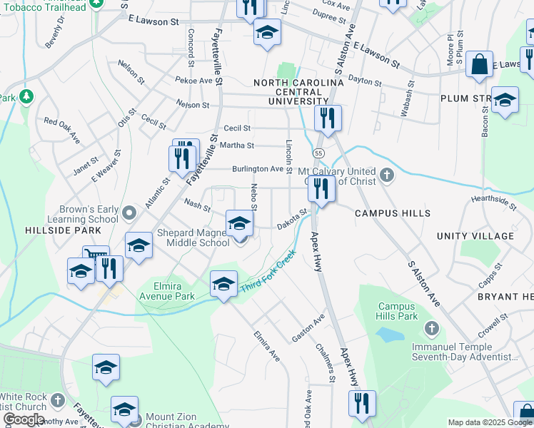map of restaurants, bars, coffee shops, grocery stores, and more near 2416 Anacosta Street in Durham