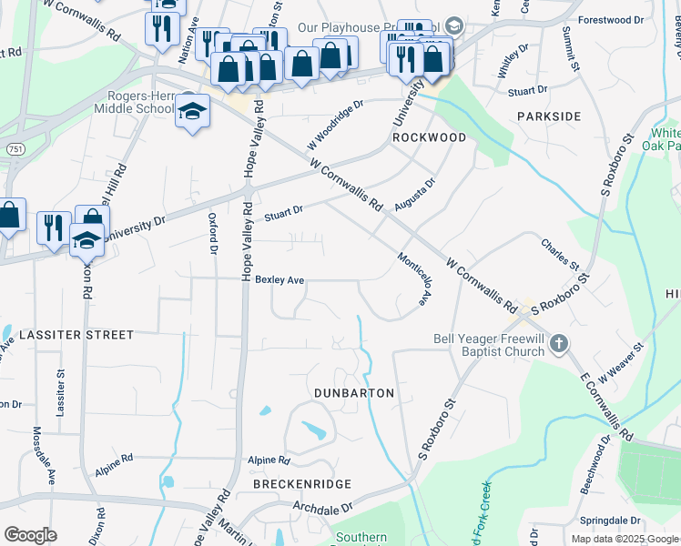 map of restaurants, bars, coffee shops, grocery stores, and more near 2620 Bexley Avenue in Durham