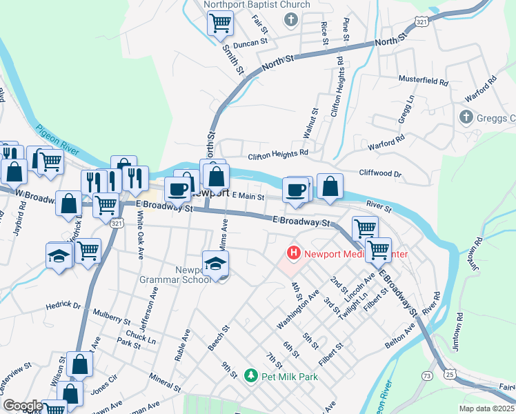 map of restaurants, bars, coffee shops, grocery stores, and more near 111 Court Avenue in Newport