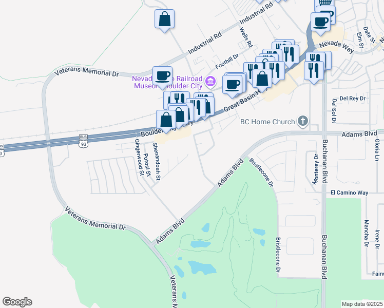 map of restaurants, bars, coffee shops, grocery stores, and more near 1741 Red Mountain Dr in Boulder City