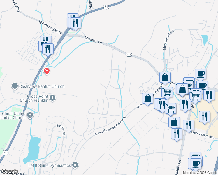 map of restaurants, bars, coffee shops, grocery stores, and more near 135 Cook's Court in Brentwood