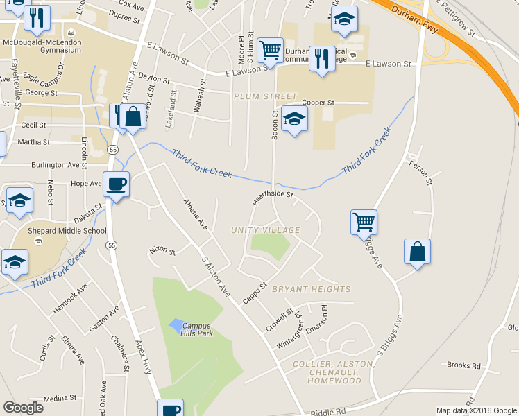 map of restaurants, bars, coffee shops, grocery stores, and more near 1317 Hearthside Street in Durham