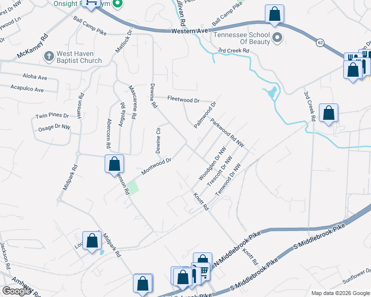 map of restaurants, bars, coffee shops, grocery stores, and more near 2815 Glenpark Road Northwest in Knoxville