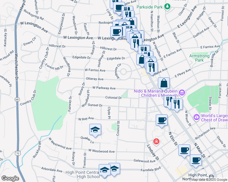 map of restaurants, bars, coffee shops, grocery stores, and more near 519 West Parkway Avenue in High Point