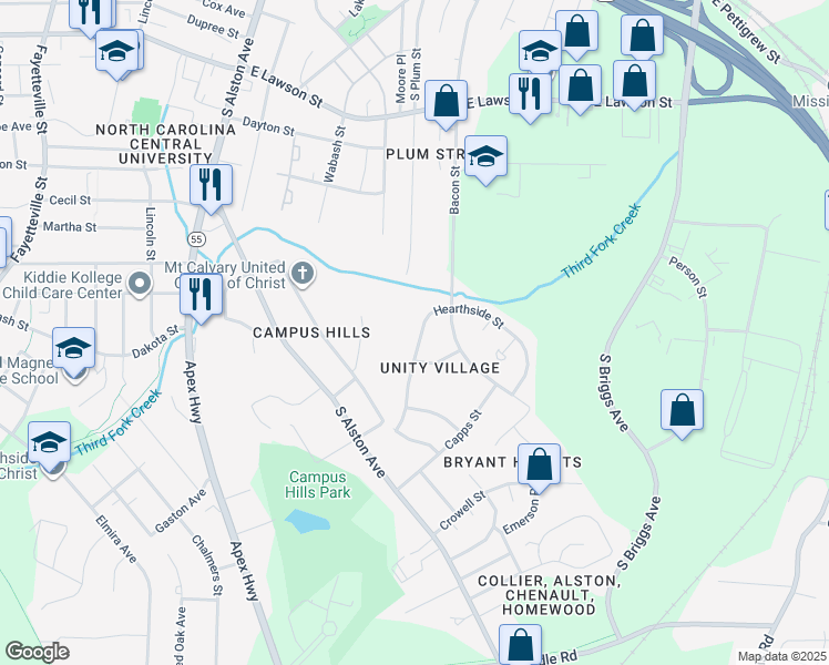 map of restaurants, bars, coffee shops, grocery stores, and more near 1316 Hearthside Street in Durham