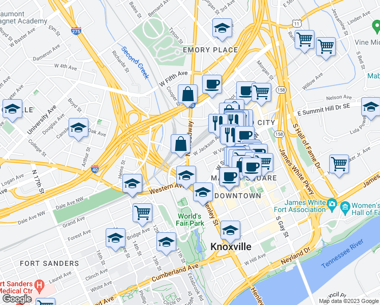 map of restaurants, bars, coffee shops, grocery stores, and more near 555 West Jackson Avenue in Knoxville