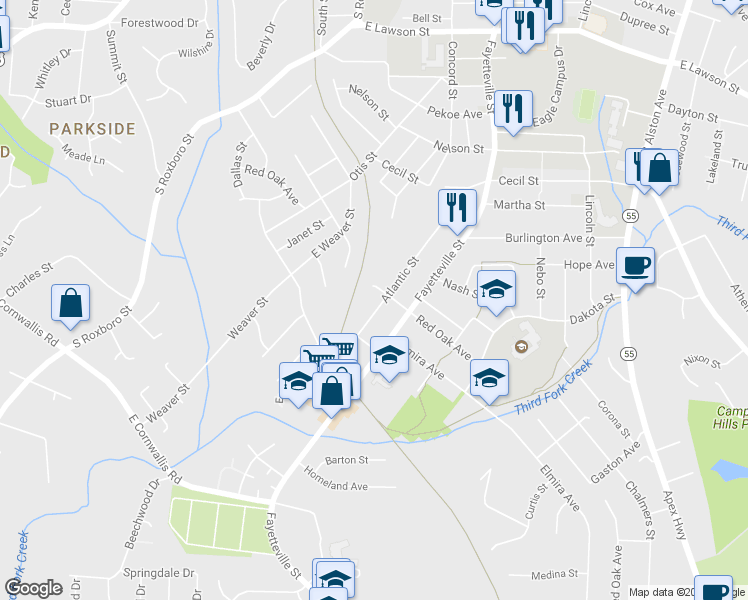 map of restaurants, bars, coffee shops, grocery stores, and more near 2710 Atlantic Street in Durham