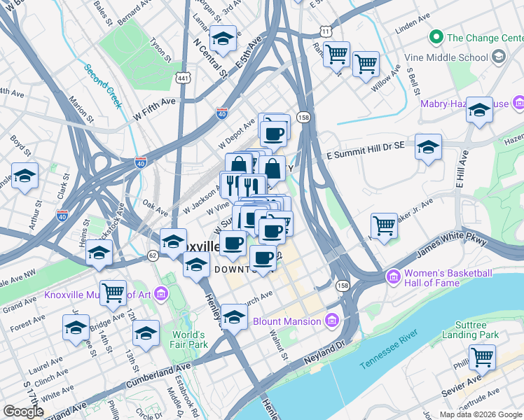 map of restaurants, bars, coffee shops, grocery stores, and more near 308 South Gay Street in Knoxville