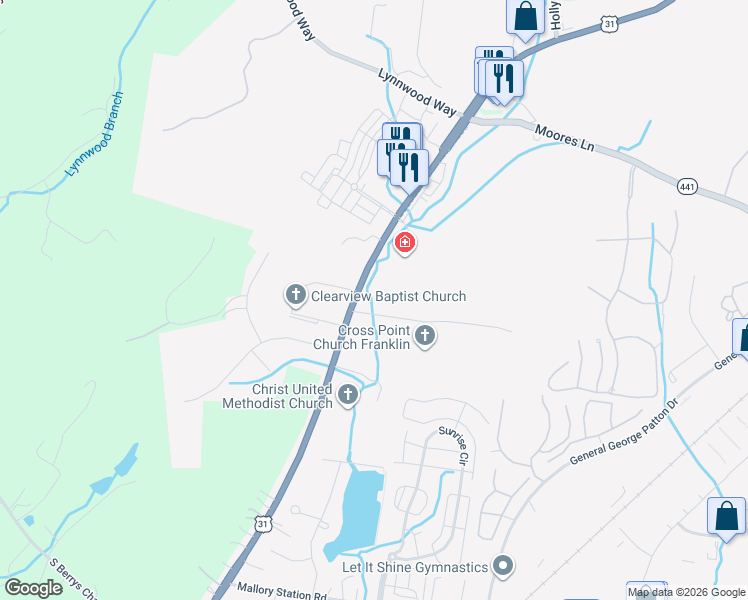map of restaurants, bars, coffee shops, grocery stores, and more near 540 Franklin Road in Franklin