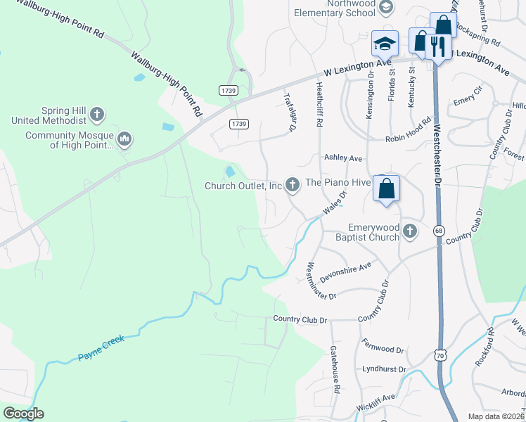 map of restaurants, bars, coffee shops, grocery stores, and more near 1205 Overland Drive in High Point