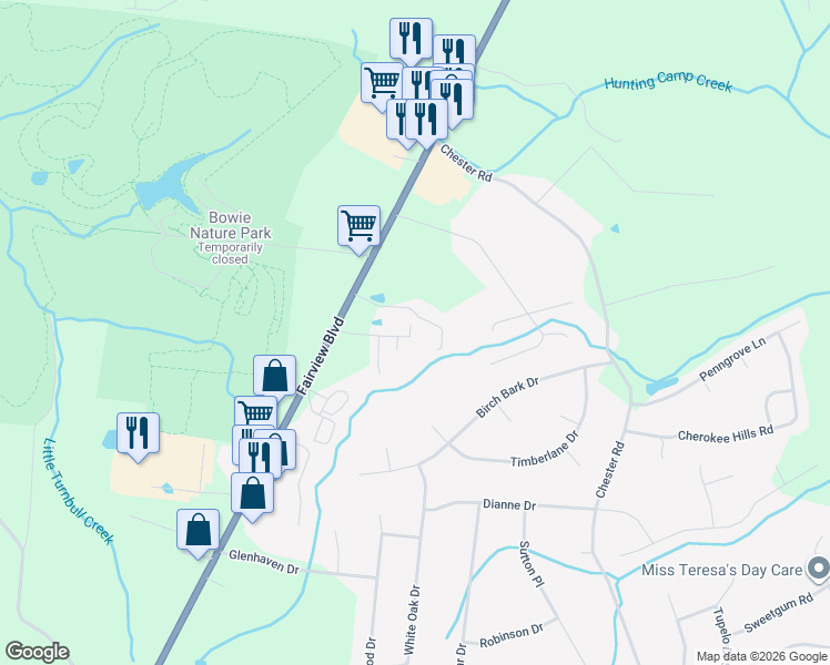 map of restaurants, bars, coffee shops, grocery stores, and more near 7405 Rice Court in Fairview