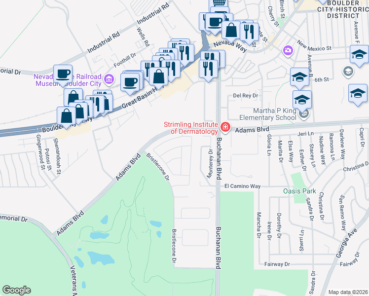 map of restaurants, bars, coffee shops, grocery stores, and more near 1319 Yosemite Street in Boulder City