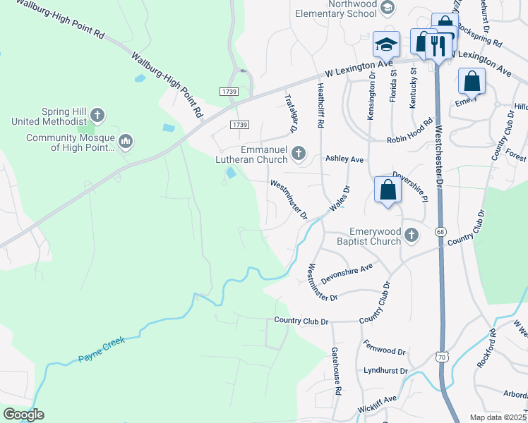 map of restaurants, bars, coffee shops, grocery stores, and more near 1205 Overland Drive in High Point