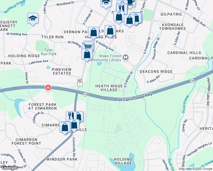 map of restaurants, bars, coffee shops, grocery stores, and more near 829 South White Street in Wake Forest