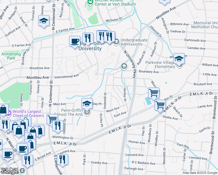map of restaurants, bars, coffee shops, grocery stores, and more near 1204 Davis Avenue in High Point
