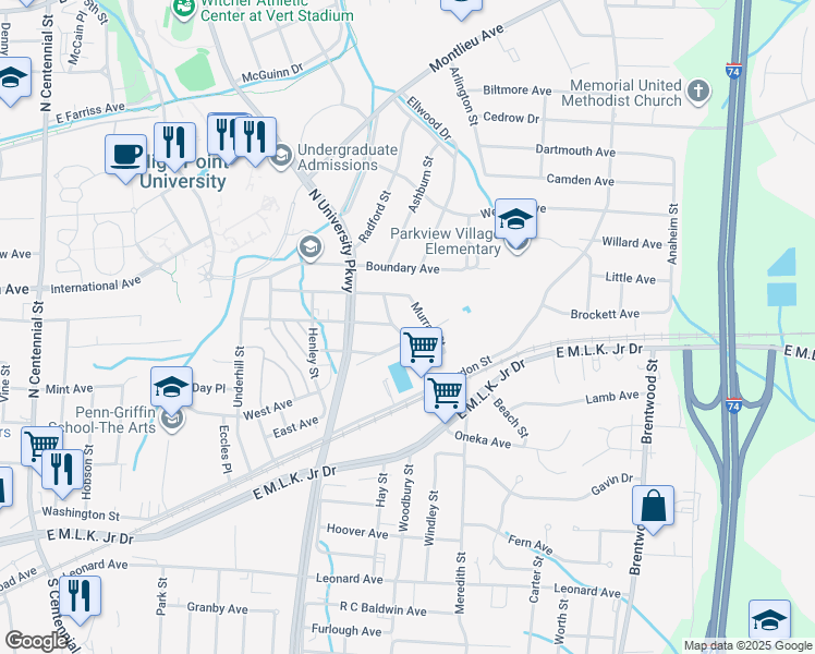 map of restaurants, bars, coffee shops, grocery stores, and more near 204 Hoskins Street in High Point