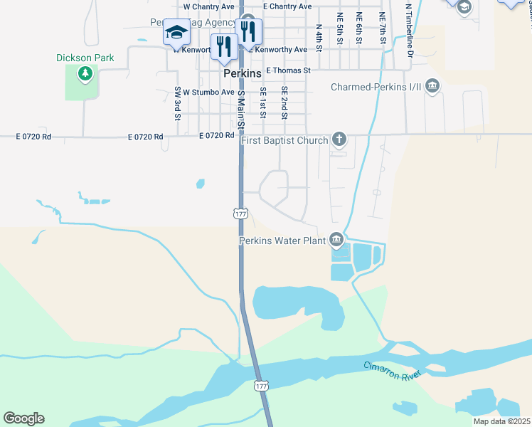 map of restaurants, bars, coffee shops, grocery stores, and more near 107 South Cimarron Drive in Perkins