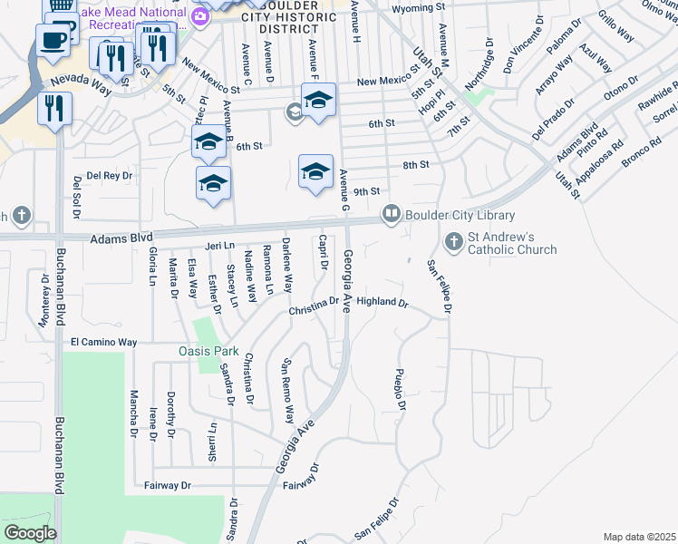 map of restaurants, bars, coffee shops, grocery stores, and more near 1313 Capri Drive in Boulder City