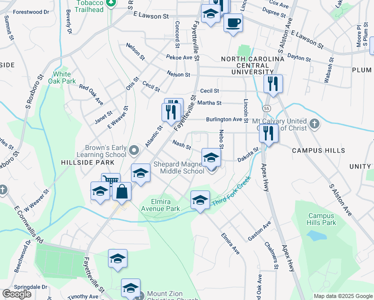 map of restaurants, bars, coffee shops, grocery stores, and more near 602 Nash Street in Durham
