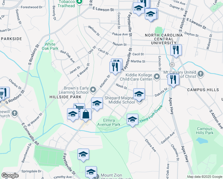 map of restaurants, bars, coffee shops, grocery stores, and more near 2614 Fayetteville Street in Durham