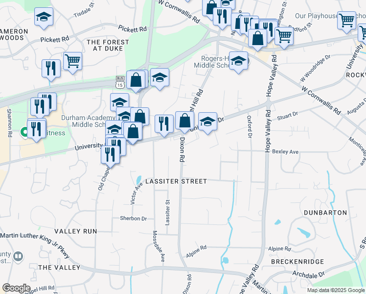 map of restaurants, bars, coffee shops, grocery stores, and more near 3008 Dixon Road in Durham