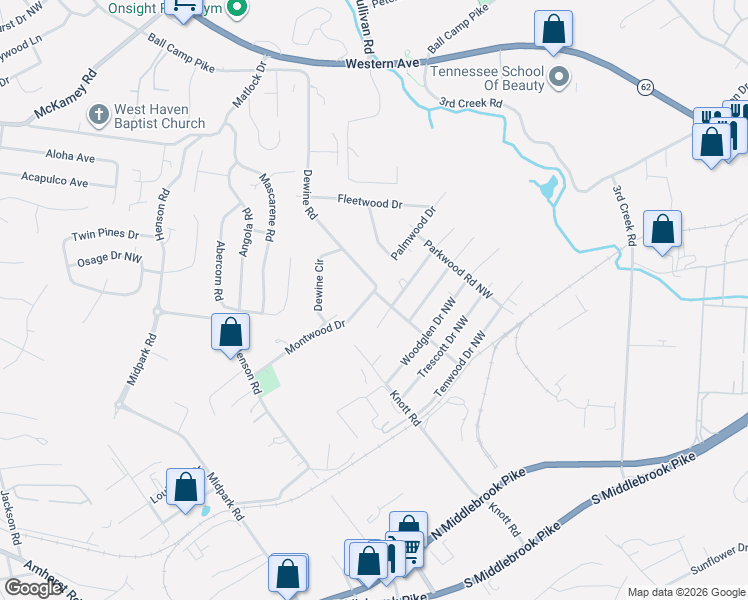 map of restaurants, bars, coffee shops, grocery stores, and more near 2815 Glenpark Road Northwest in Knoxville