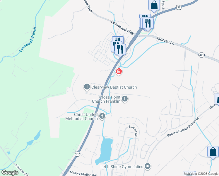 map of restaurants, bars, coffee shops, grocery stores, and more near 540 Franklin Road in Franklin
