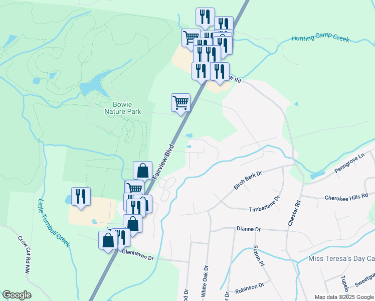 map of restaurants, bars, coffee shops, grocery stores, and more near 7338 Planters Road in Fairview