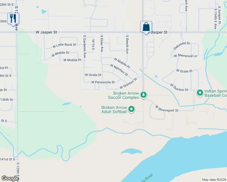 map of restaurants, bars, coffee shops, grocery stores, and more near 2405 West Quinton Street in Broken Arrow