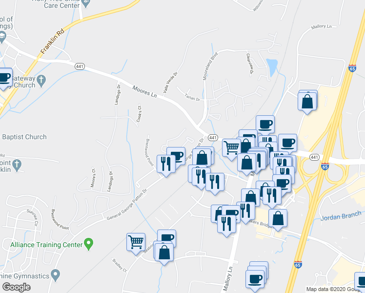 map of restaurants, bars, coffee shops, grocery stores, and more near 215 Brentwood Pointe in Brentwood