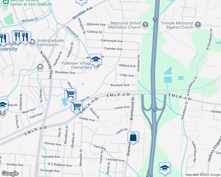 map of restaurants, bars, coffee shops, grocery stores, and more near 1610 Brockett Avenue in High Point