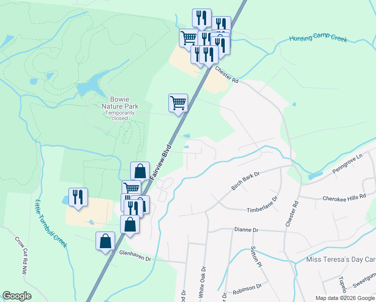 map of restaurants, bars, coffee shops, grocery stores, and more near 7338 Planters Road in Fairview