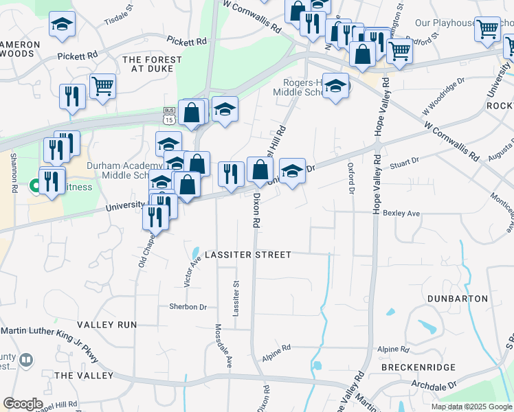 map of restaurants, bars, coffee shops, grocery stores, and more near 3005 Dixon Road in Durham
