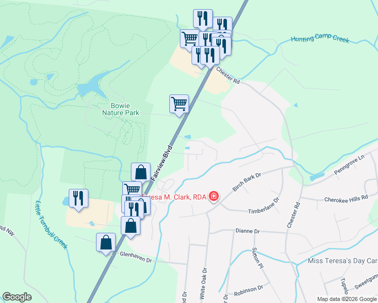 map of restaurants, bars, coffee shops, grocery stores, and more near 7338 Planters Road in Fairview