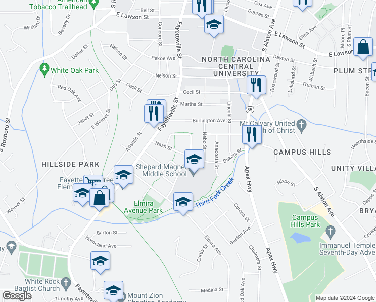 map of restaurants, bars, coffee shops, grocery stores, and more near 2418 Chapin Street in Durham