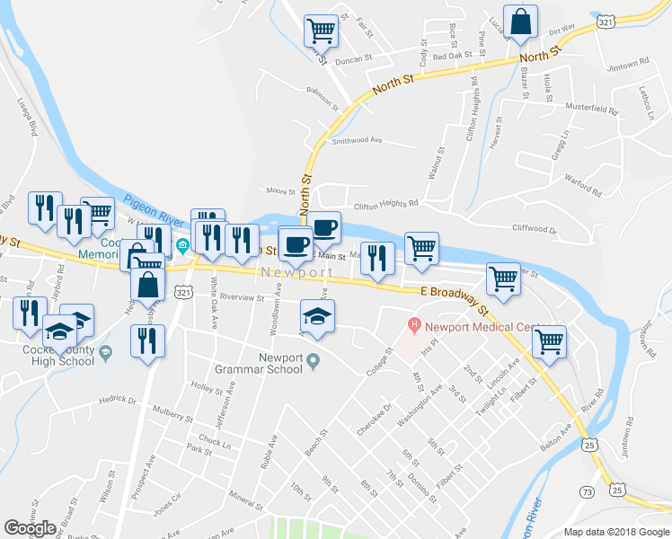 map of restaurants, bars, coffee shops, grocery stores, and more near 301 East Main Street in Newport